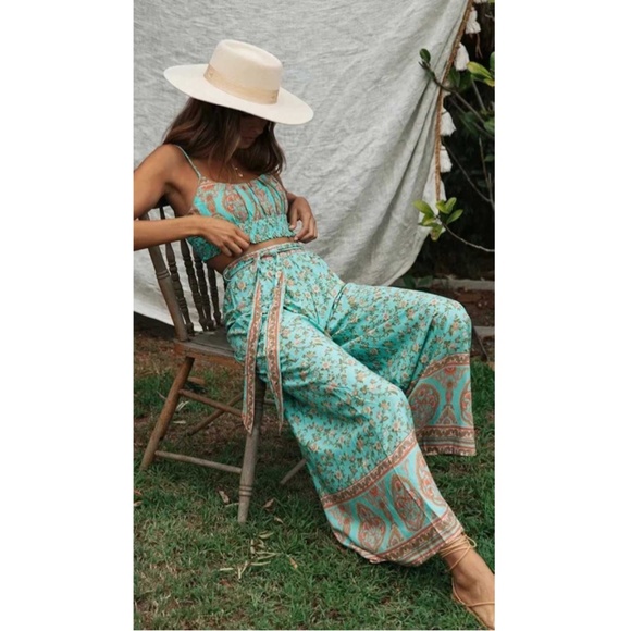 Mint boho gypsy cami crop top wide leg Pant Set - Picture 3 of 6
